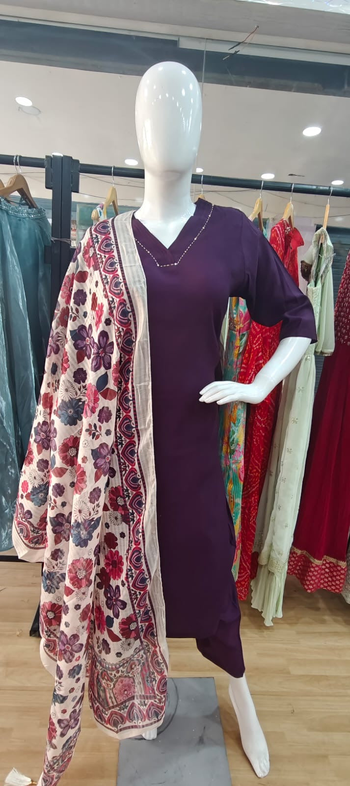 Wine mul cotton suit with printed dupatta