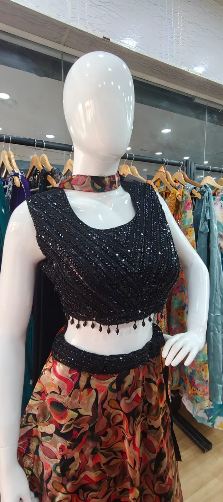 Printed lehenga with black blouse