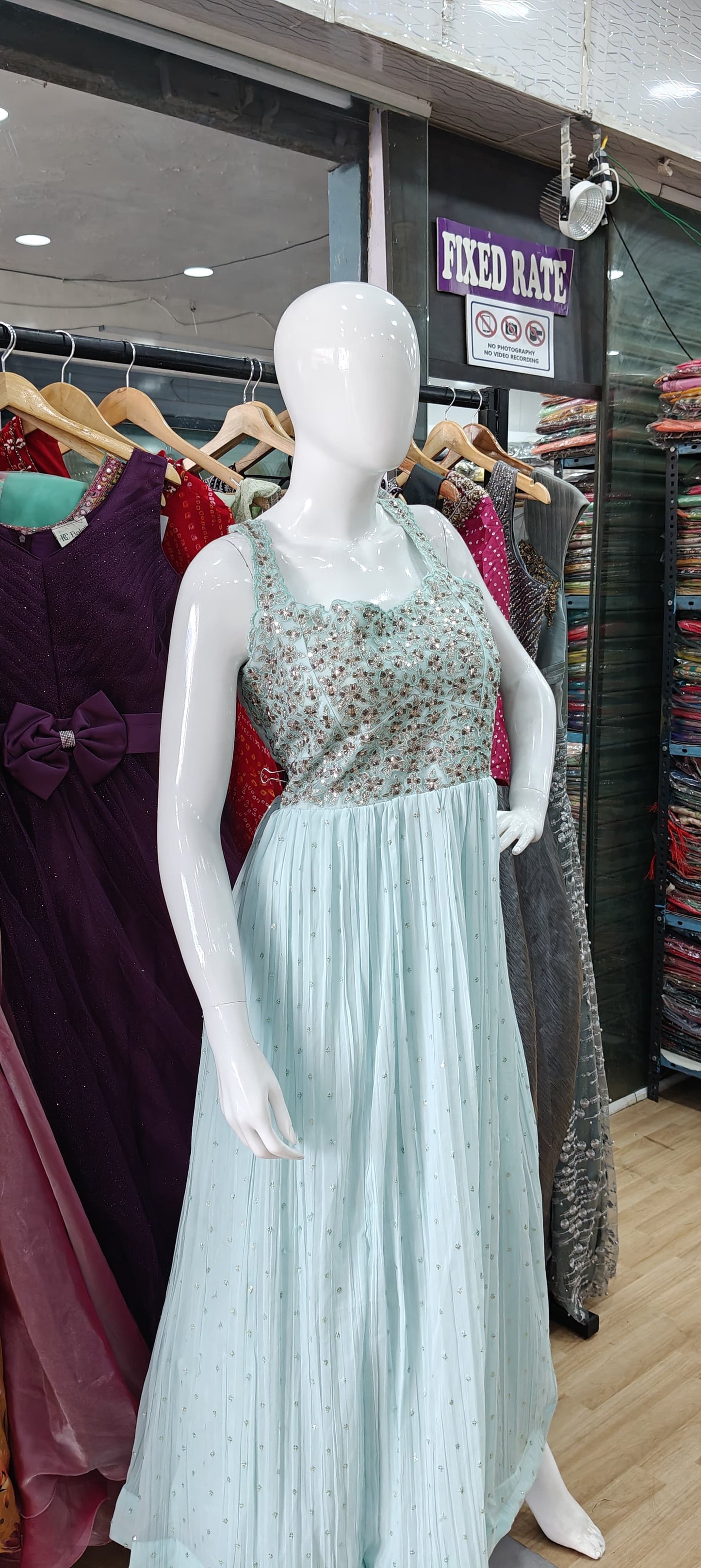 Blue georgette gown with embellished bodice