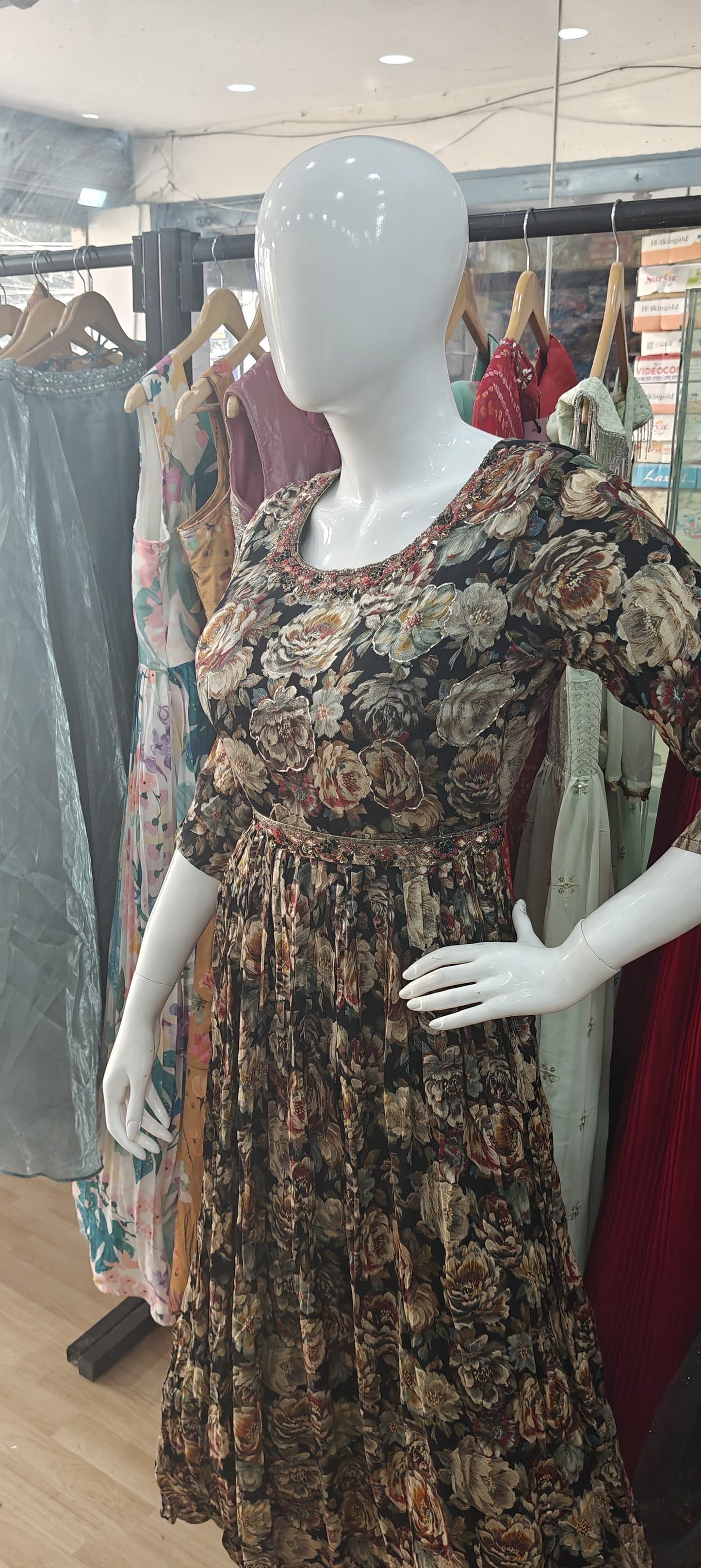 Black long gown with embroidered belt