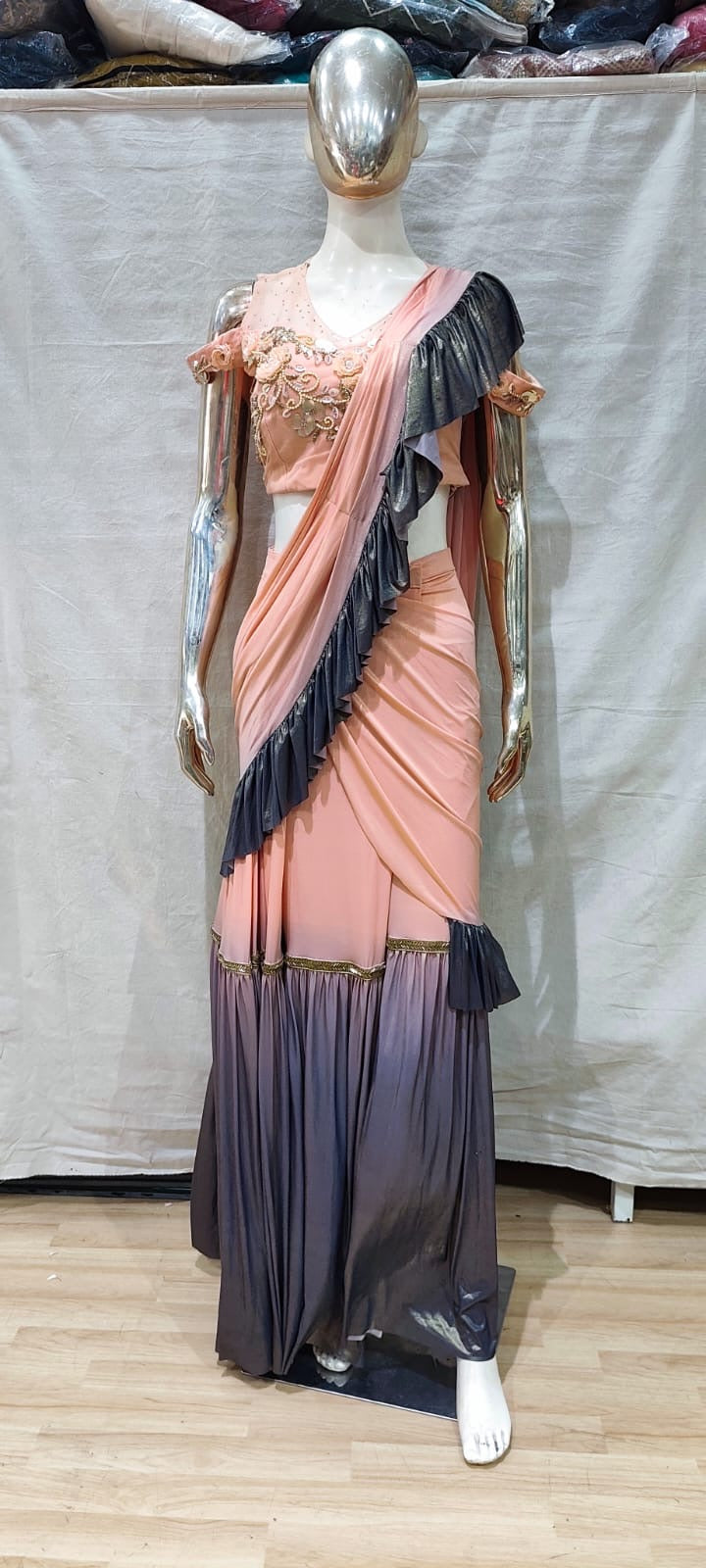 Peach and black designer cocktail one min saree