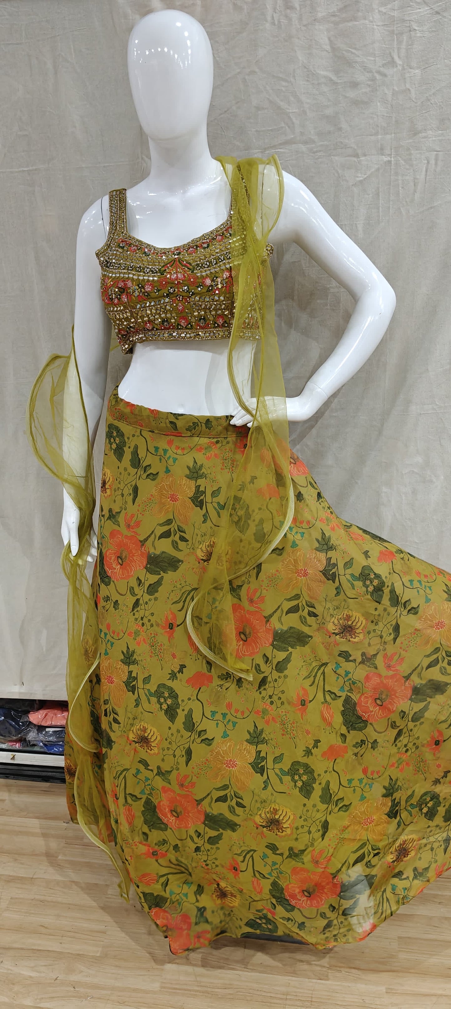Mustard yellow floral lehenga set