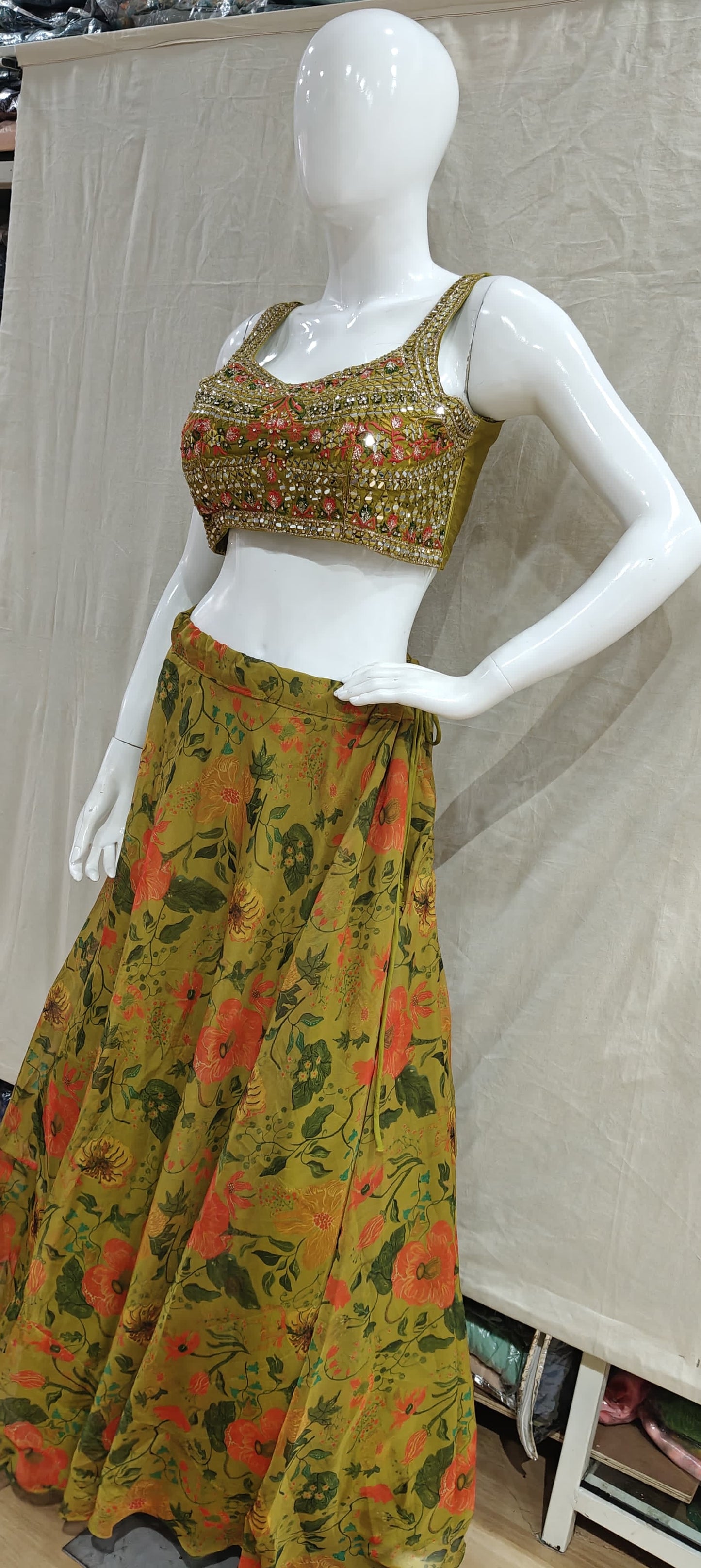 Mustard yellow floral lehenga set