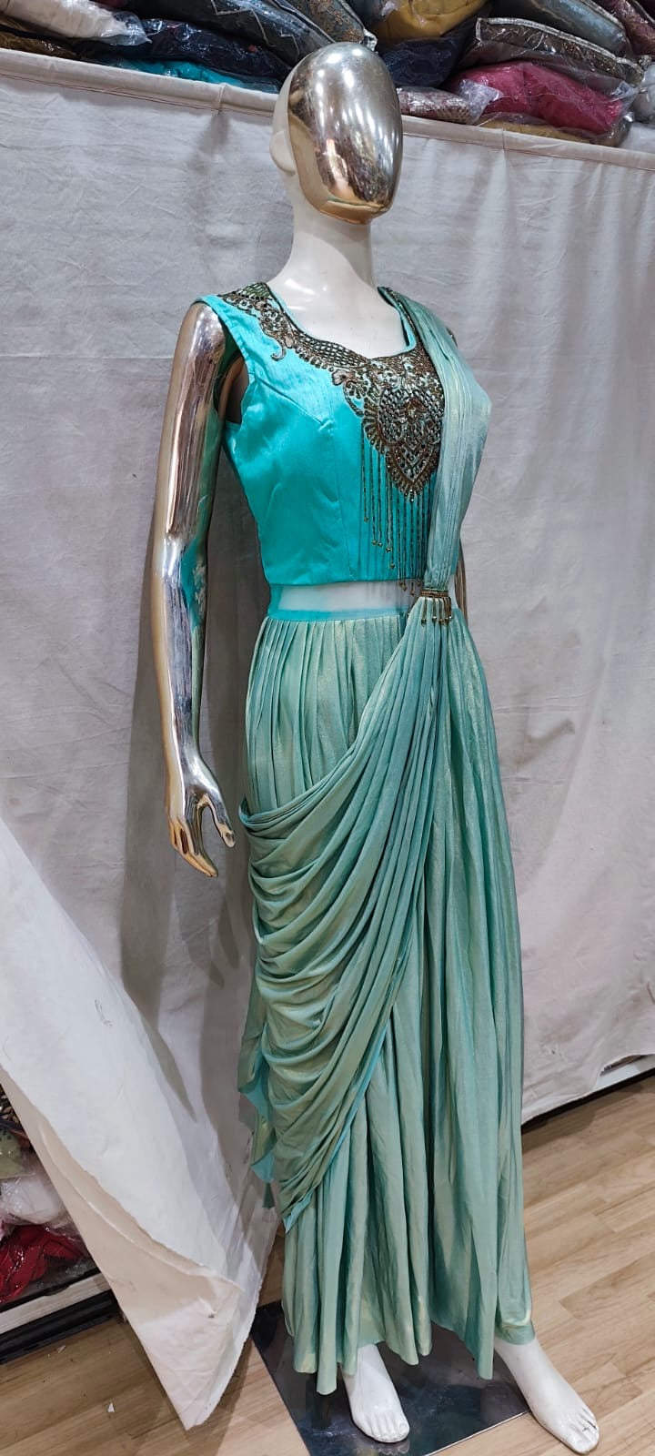 Designer Cyan blue saree gown
