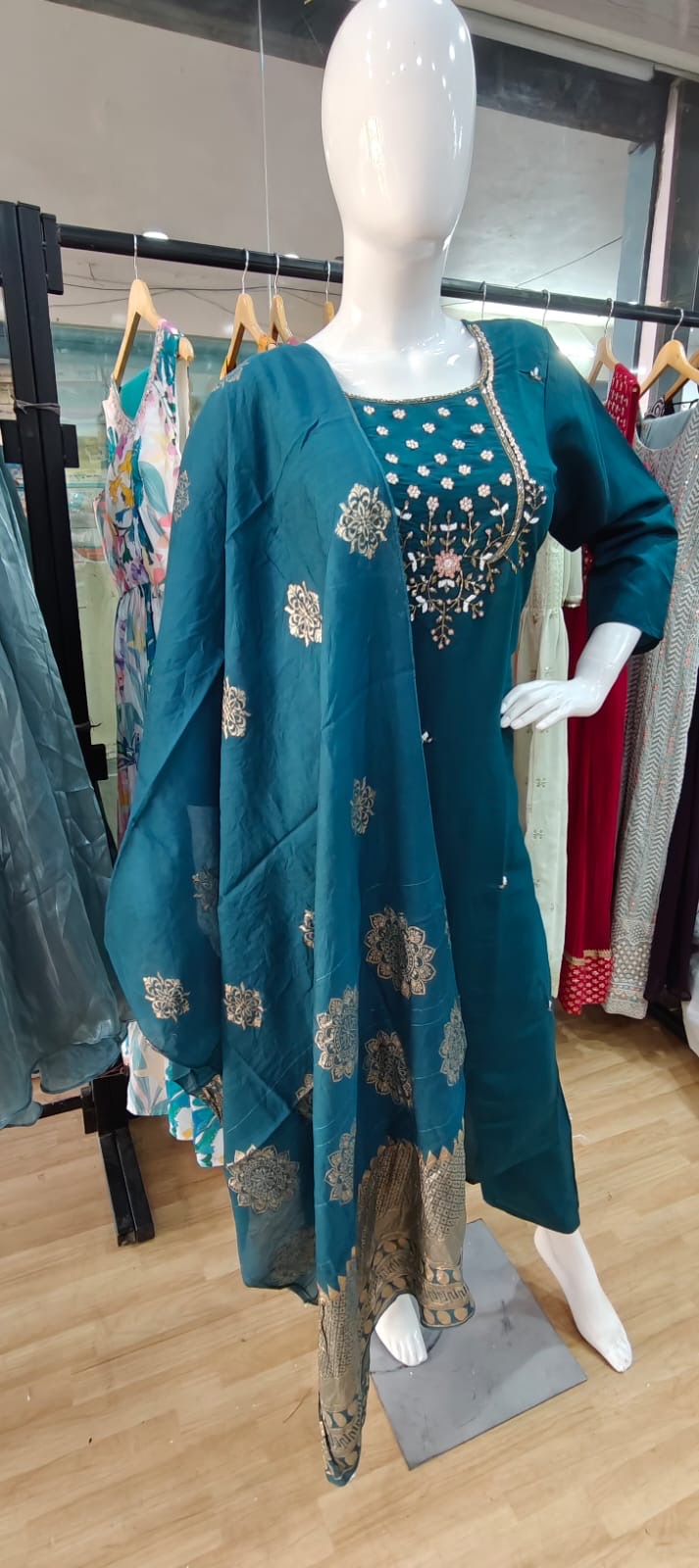 Blue green suit with Banarasi dupatta