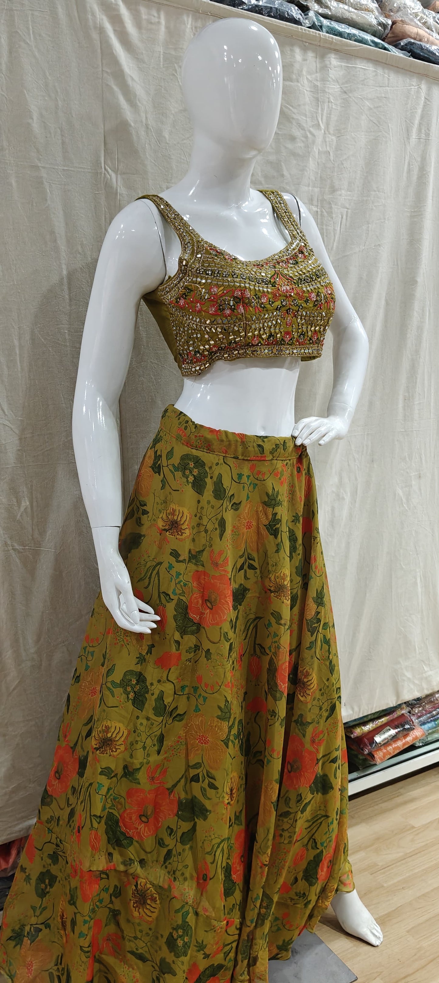 Mustard yellow floral lehenga set