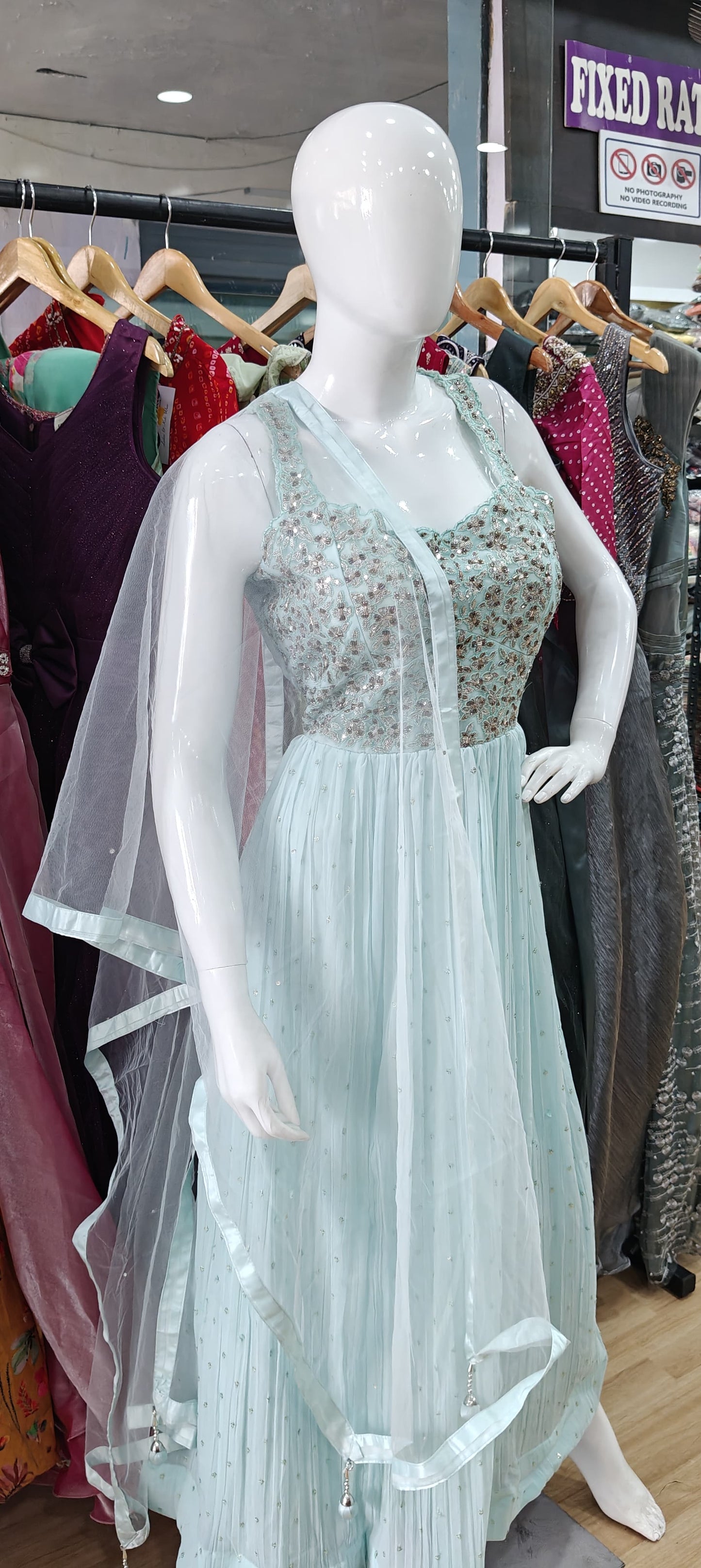 Blue georgette gown with embellished bodice