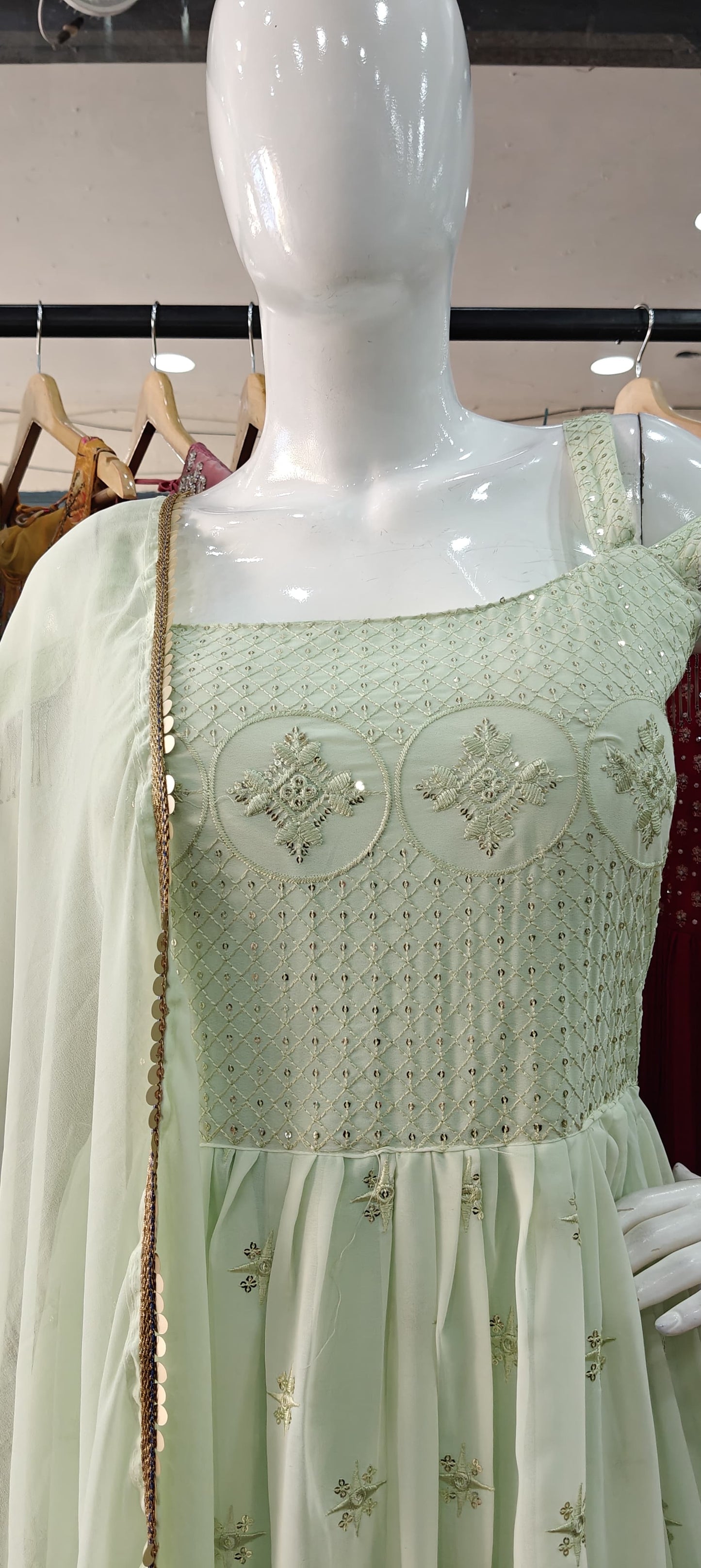 Pista Green georgette cold shoulder gown