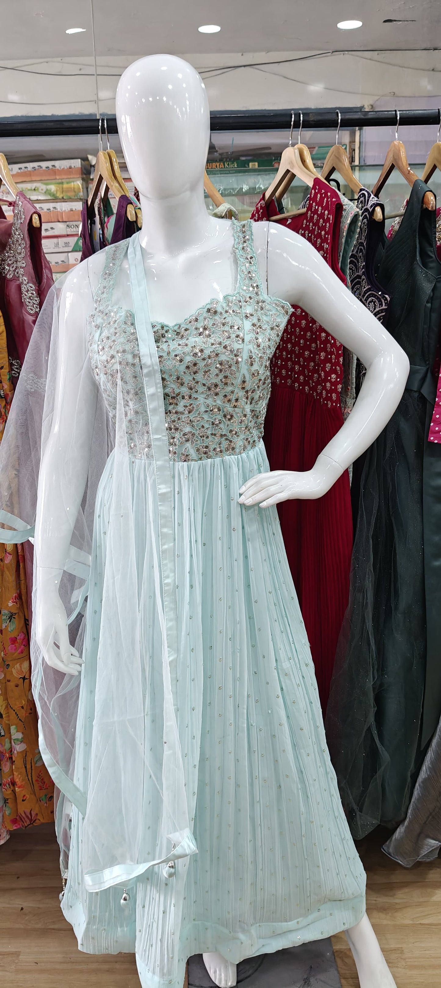 Blue georgette gown with embellished bodice