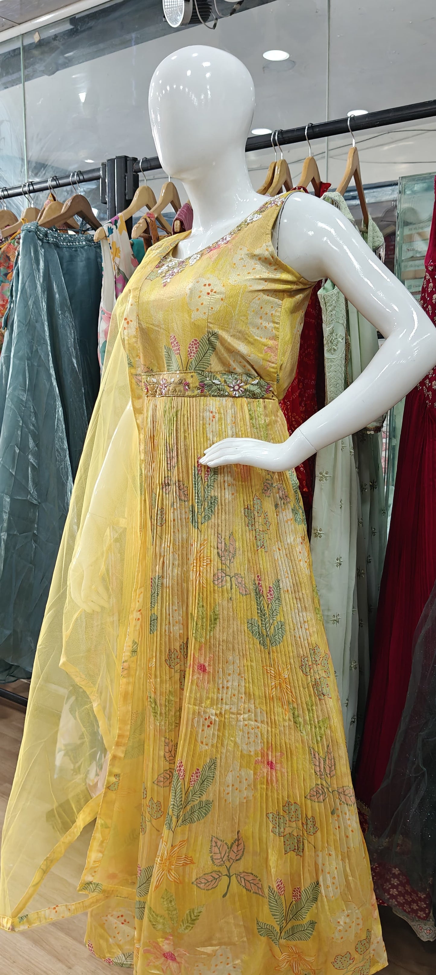 Yellow crush gown with embellished belt