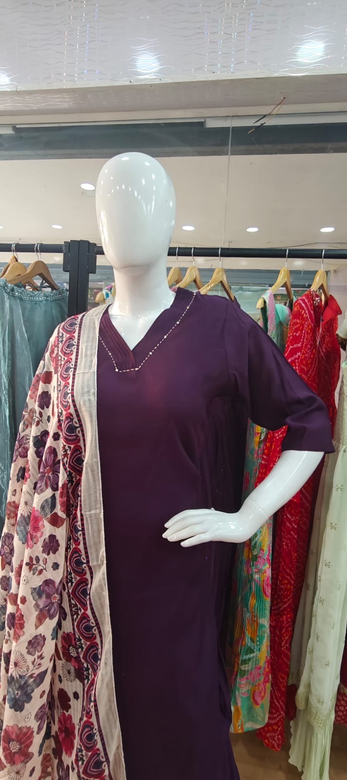 Wine mul cotton suit with printed dupatta