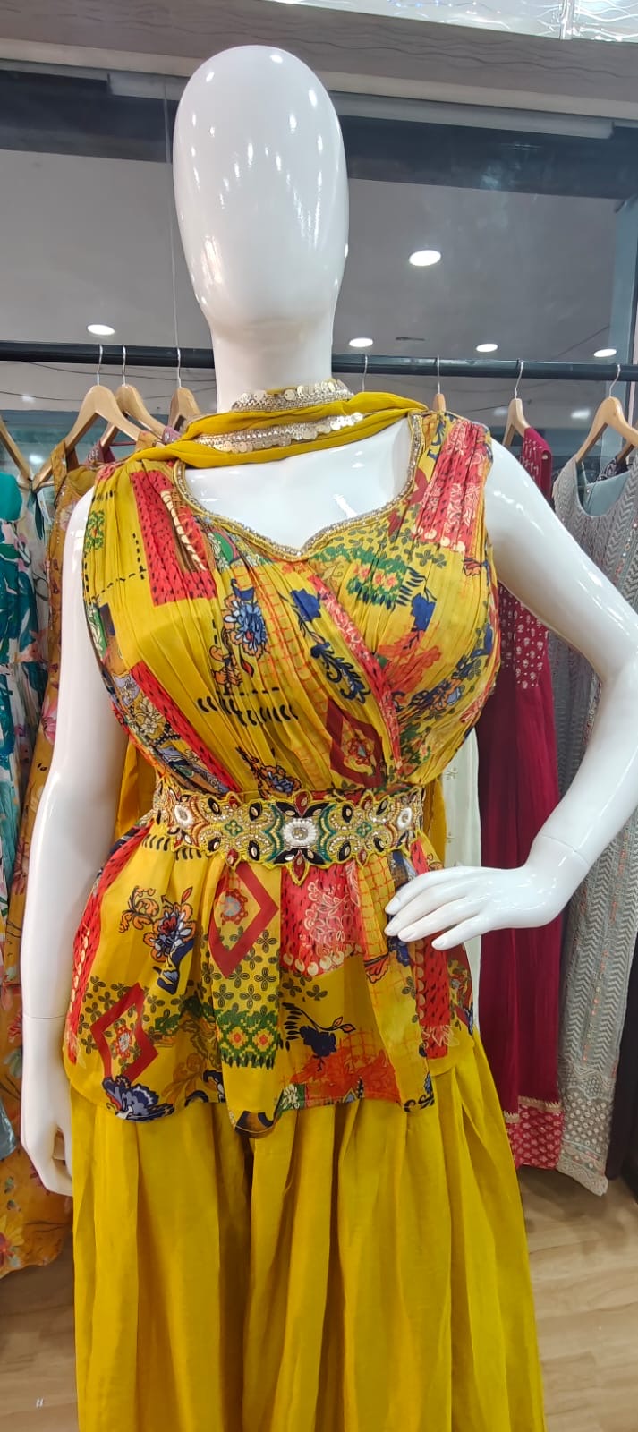 Designer yellow peplum set with belt