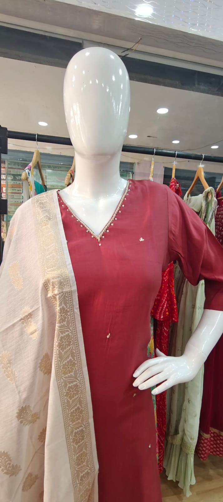 Royal Cotton mul red suit with banarasi dupatta
