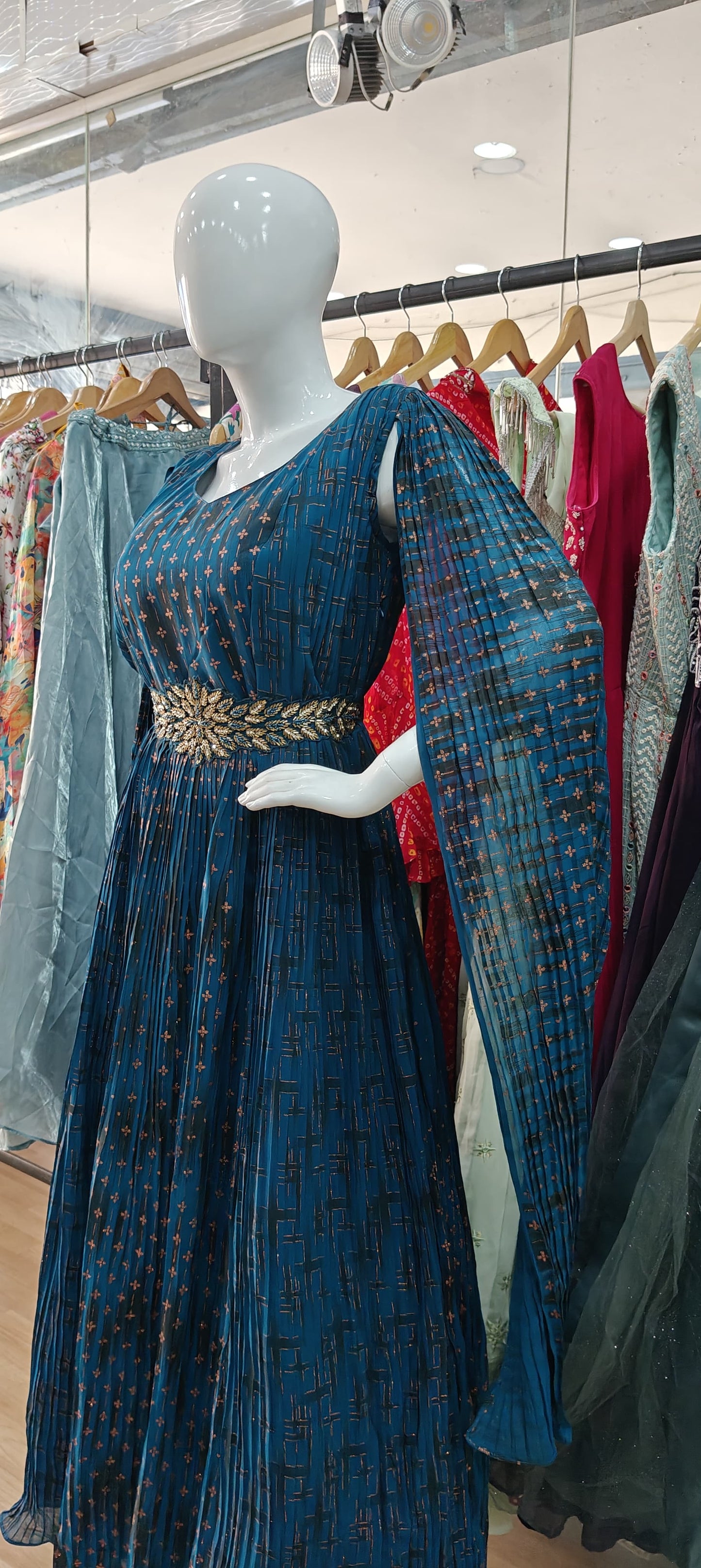 Designer Blue full sleeves gown with embellished belt