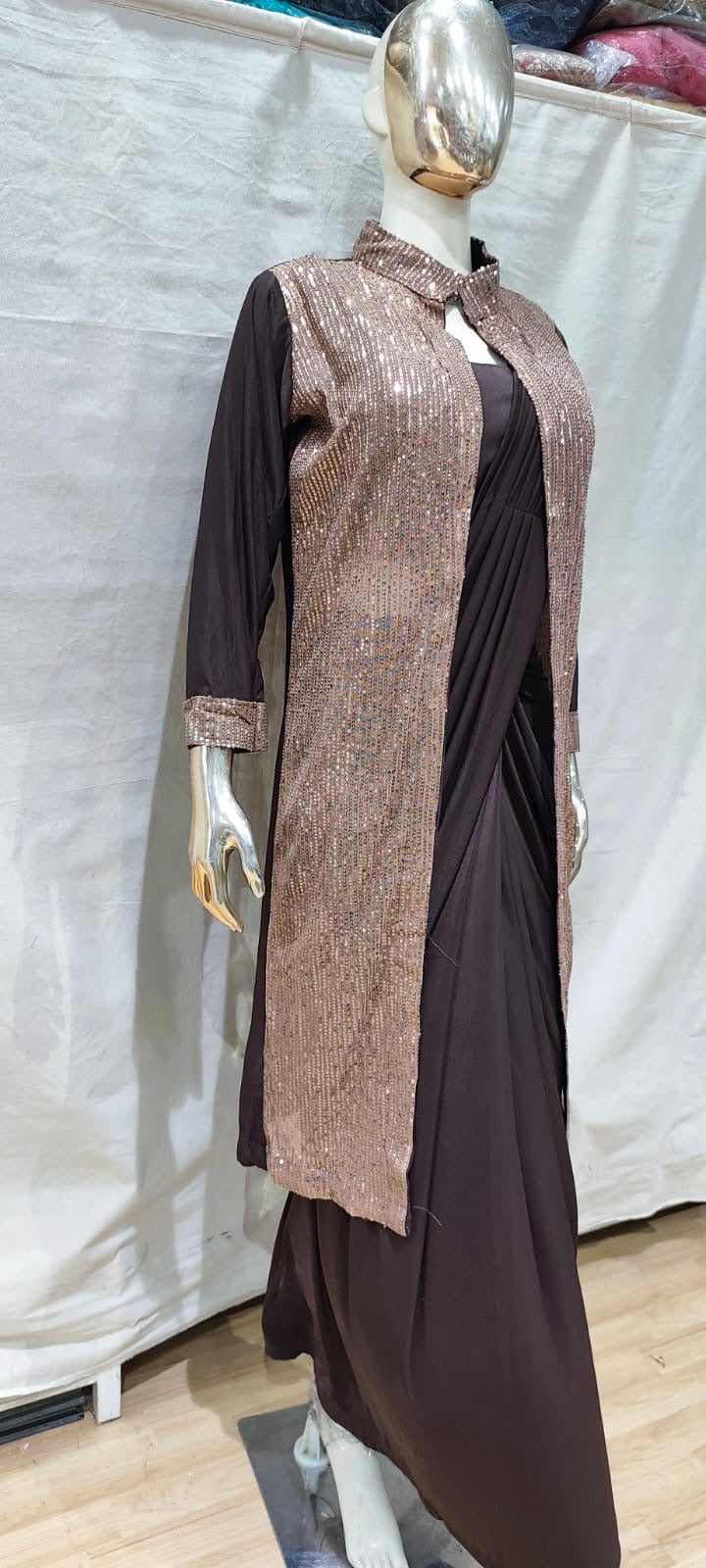 Brown with Rose gold sequins jacket one min saree