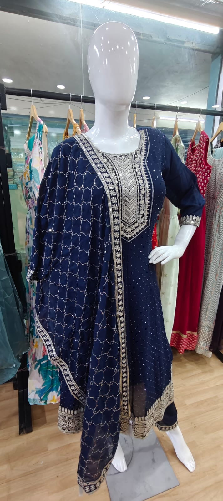 Blue anarkali suit with heavy bodice dupatta