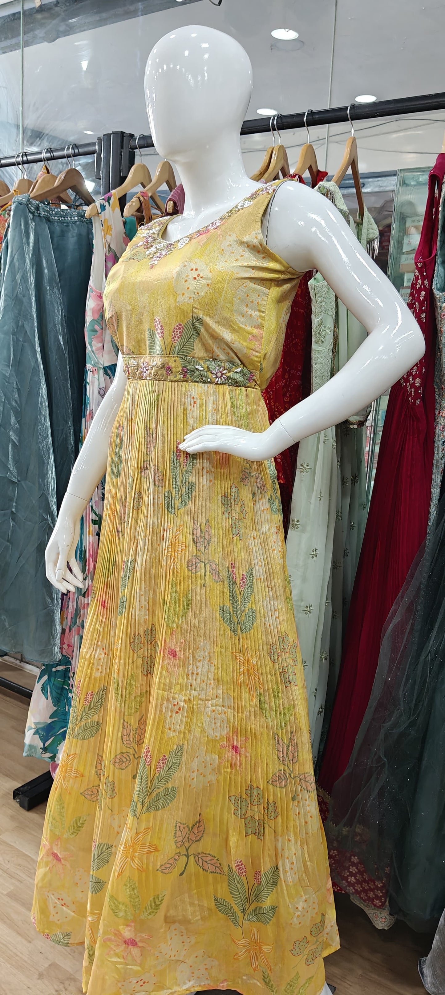 Yellow crush gown with embellished belt