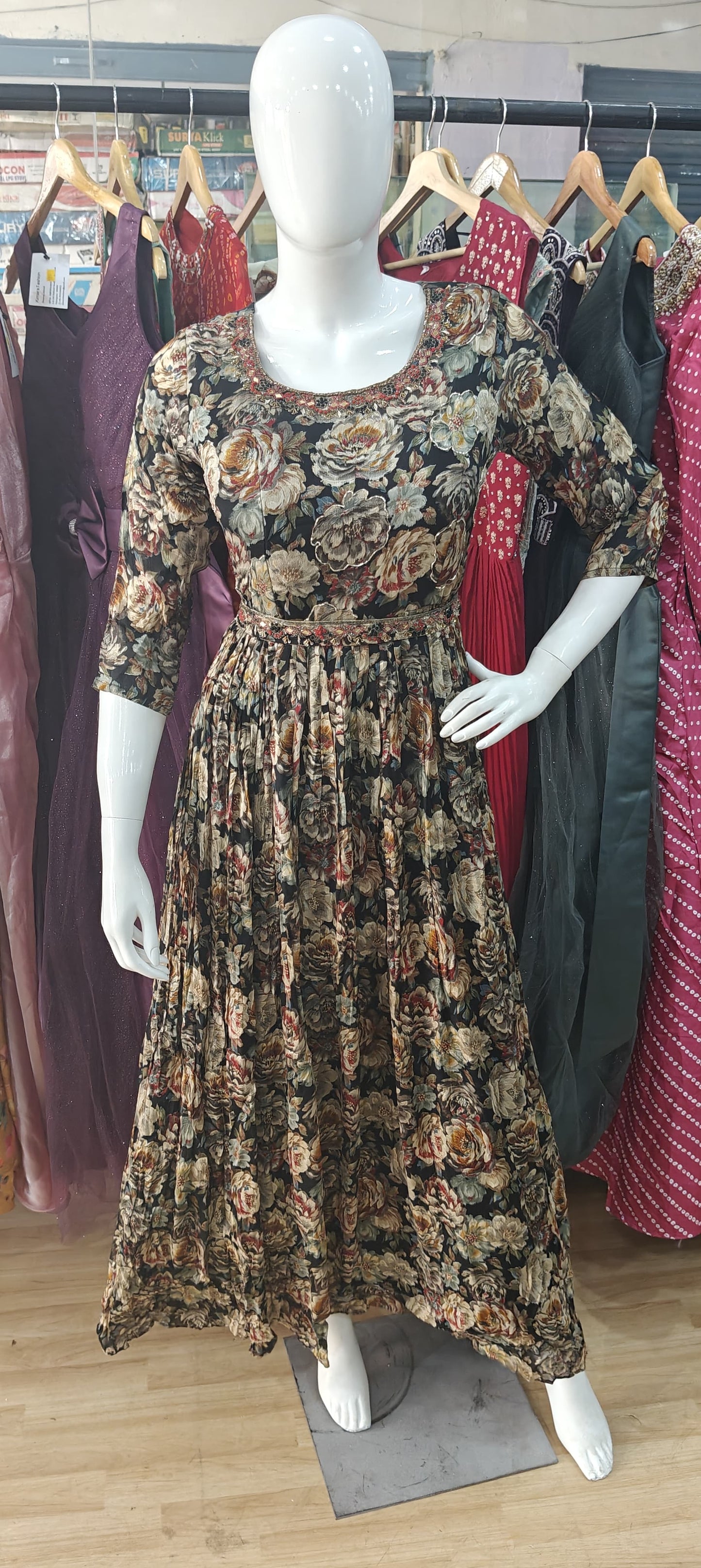 Black long gown with embroidered belt