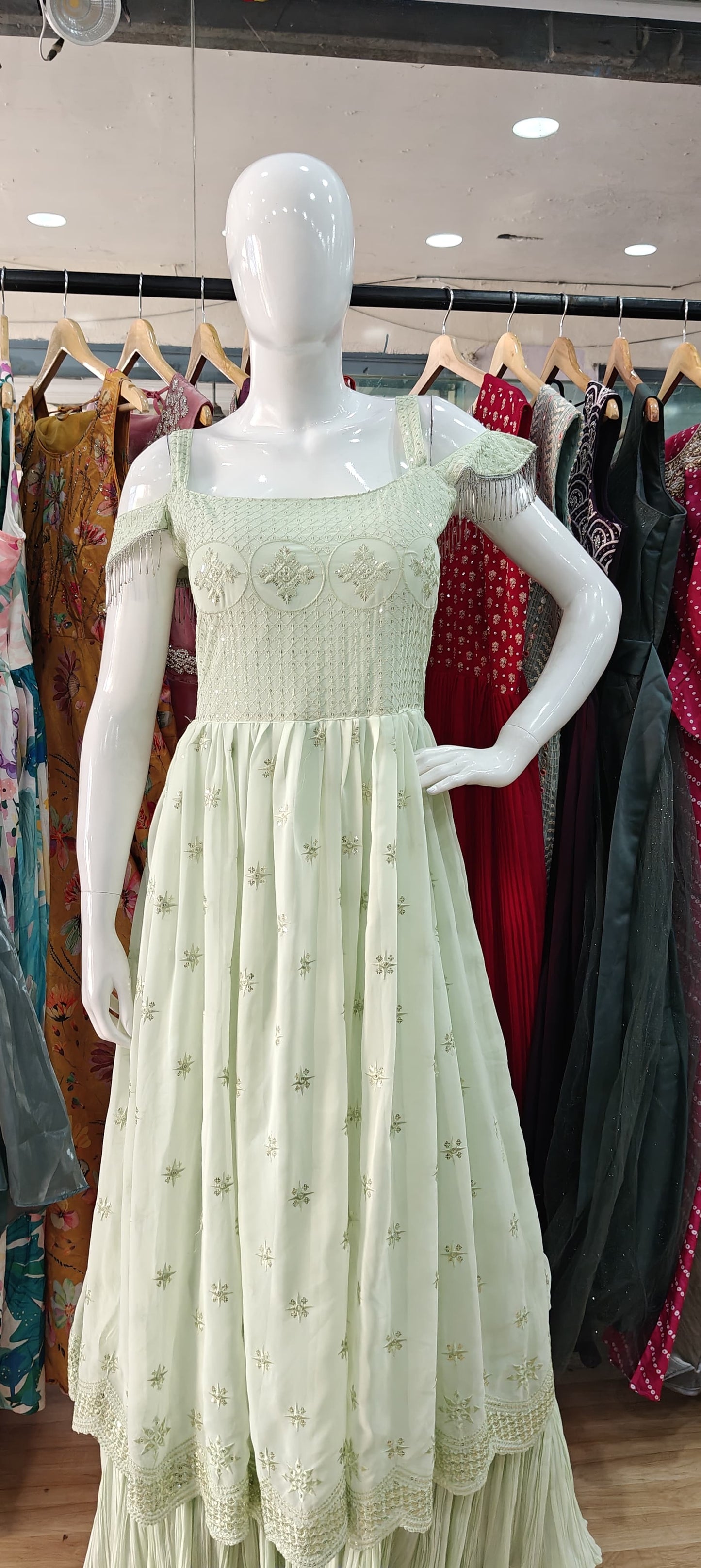 Pista Green georgette cold shoulder gown