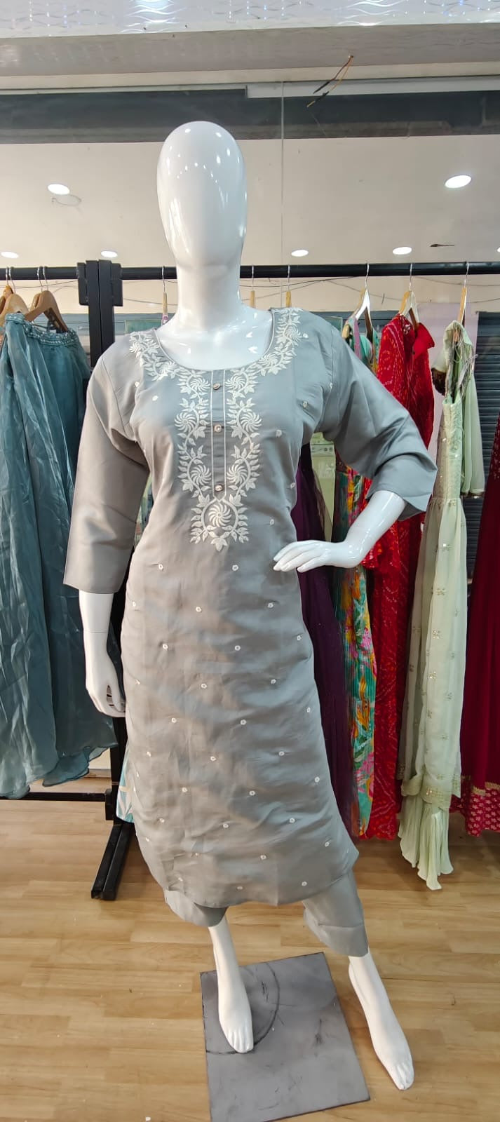 Grey suit with white thread embroidery