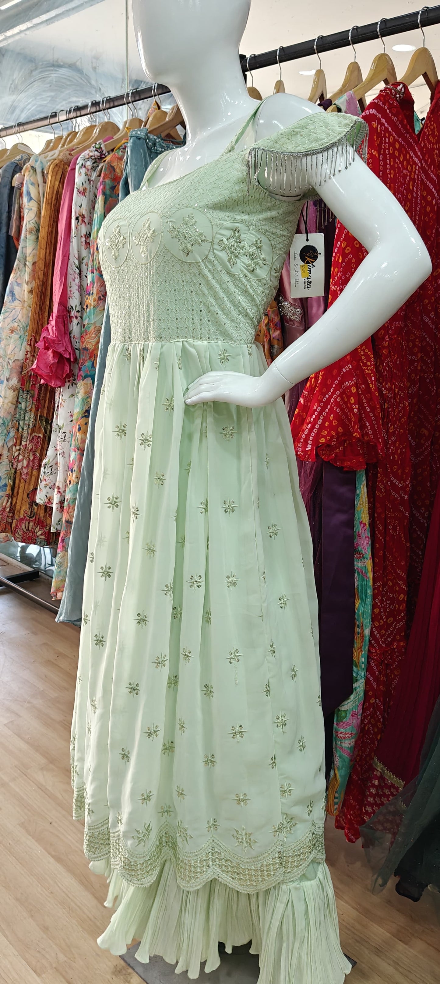 Pista Green georgette cold shoulder gown