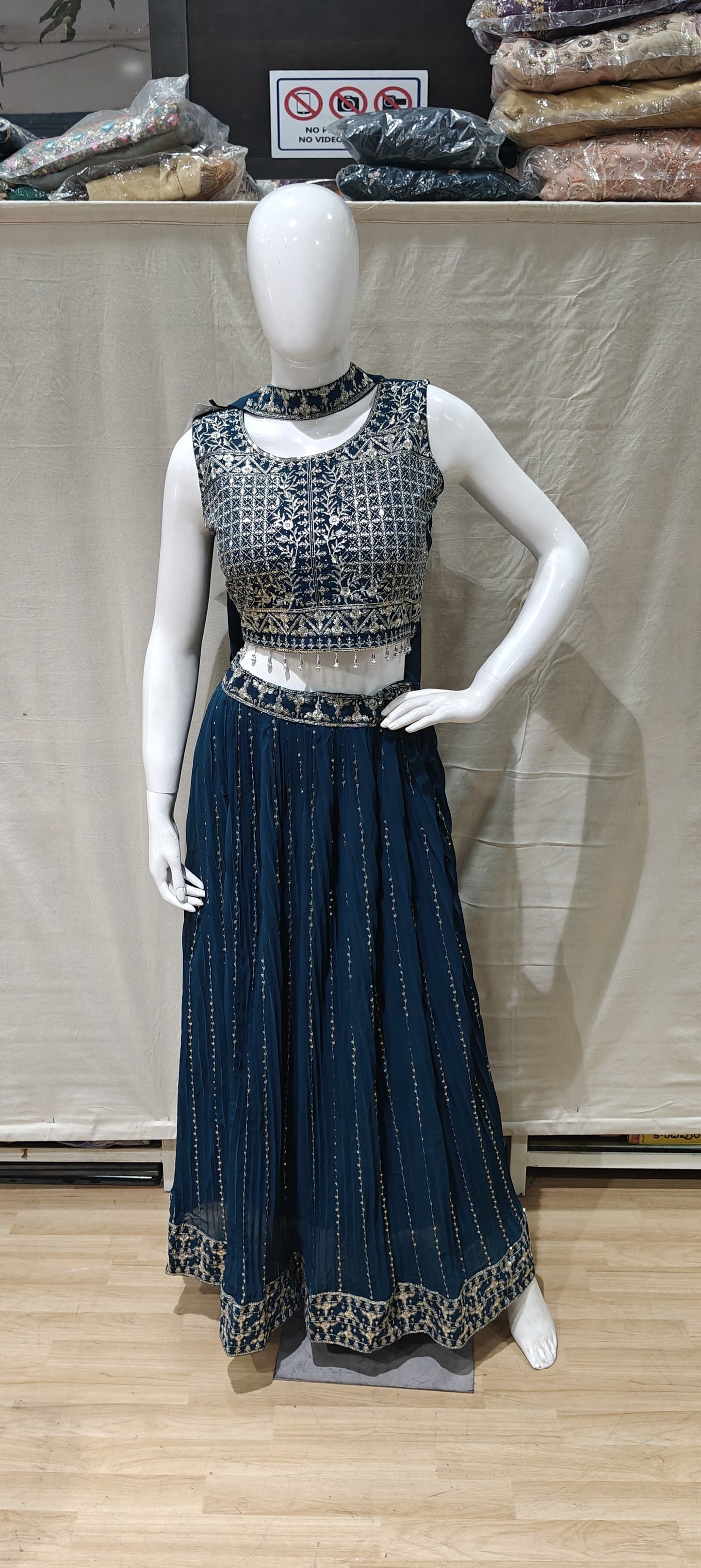 Silver zari work on Blue lehenga