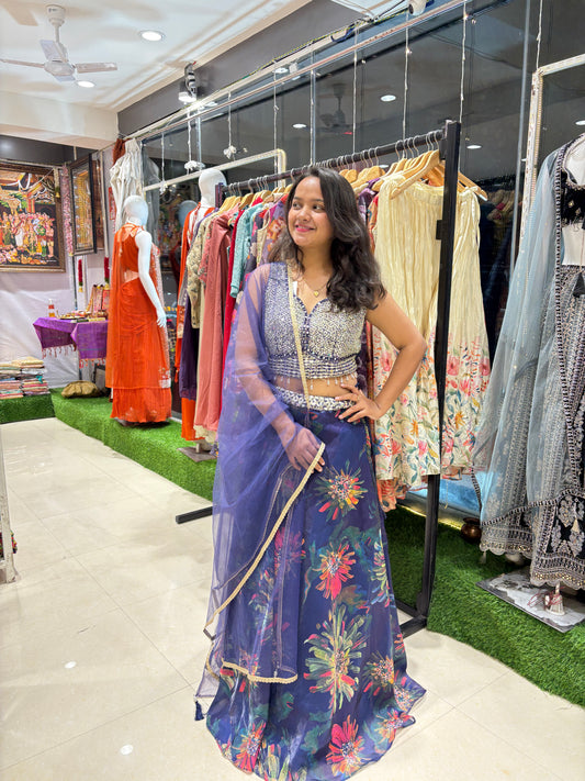 Floral blue lehenga, mirror work blouse