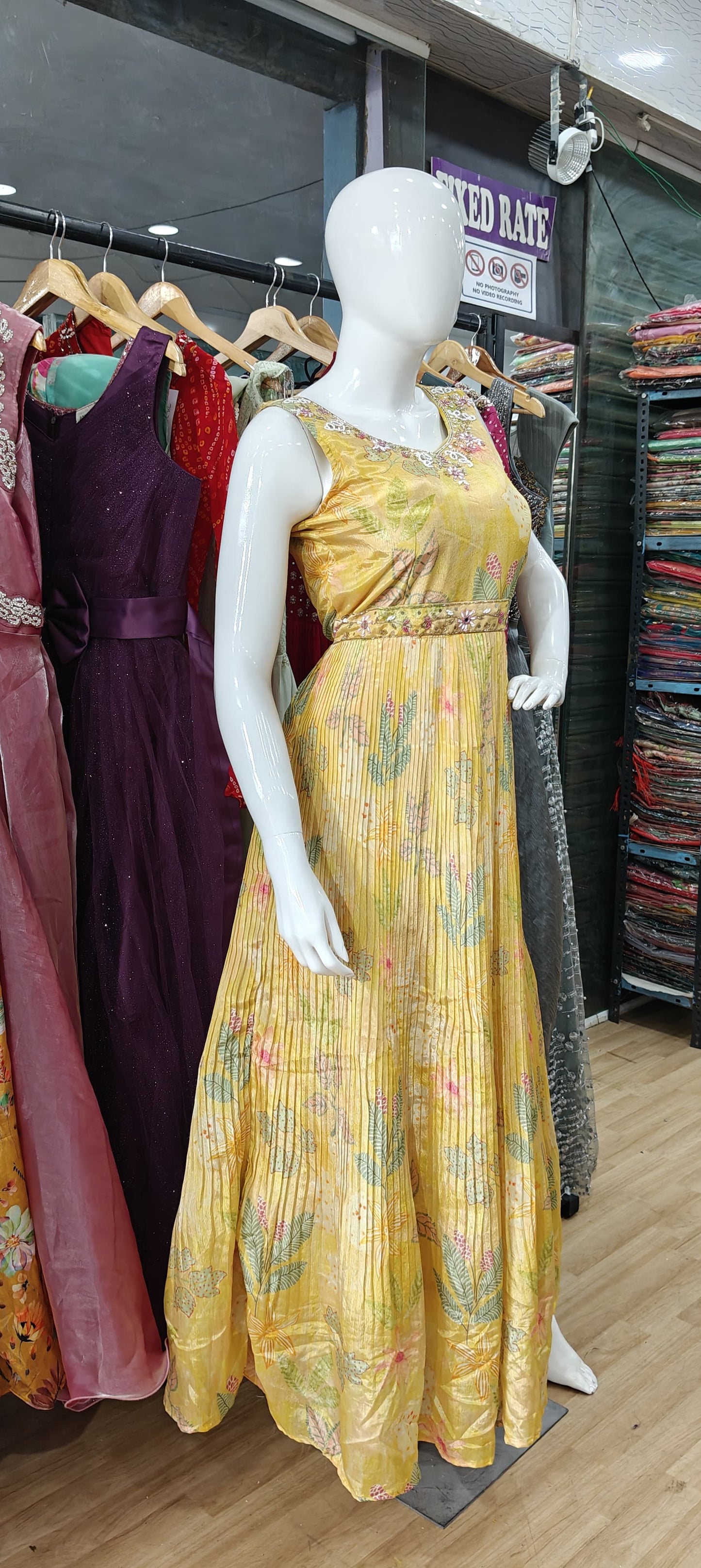 Yellow crush gown with embellished belt