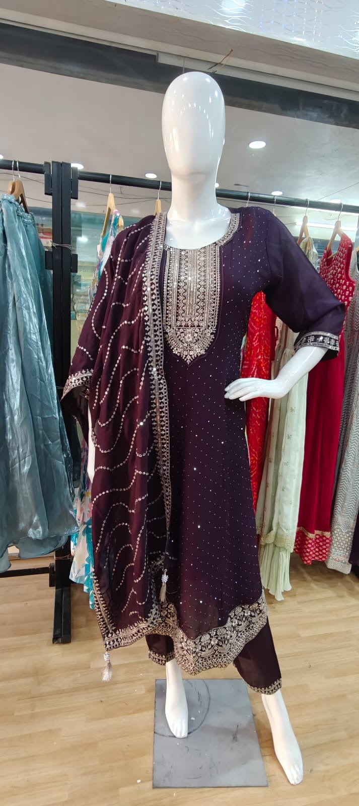Maroon suit with embroidered dupatta
