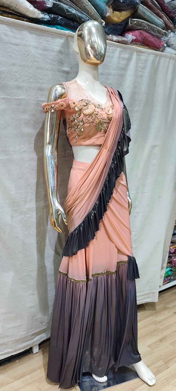 Peach and black designer cocktail one min saree