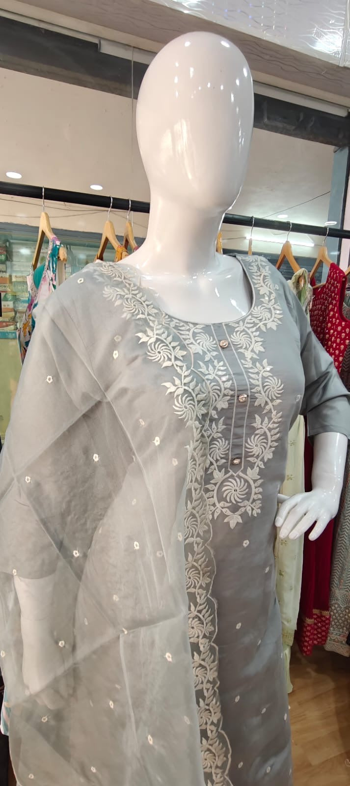 Grey suit with white thread embroidery