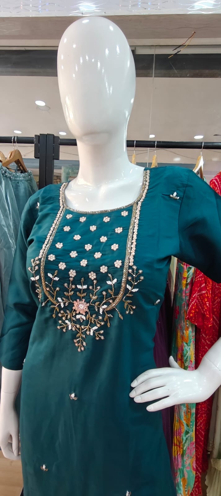 Blue green suit with Banarasi dupatta