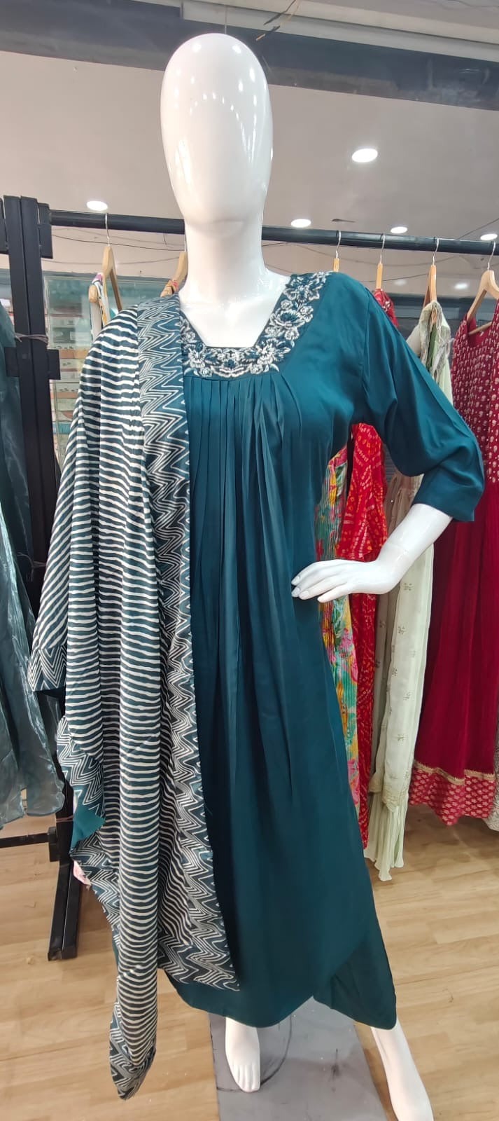 Teal blue mul cotton anarkali suit with satin dupatta