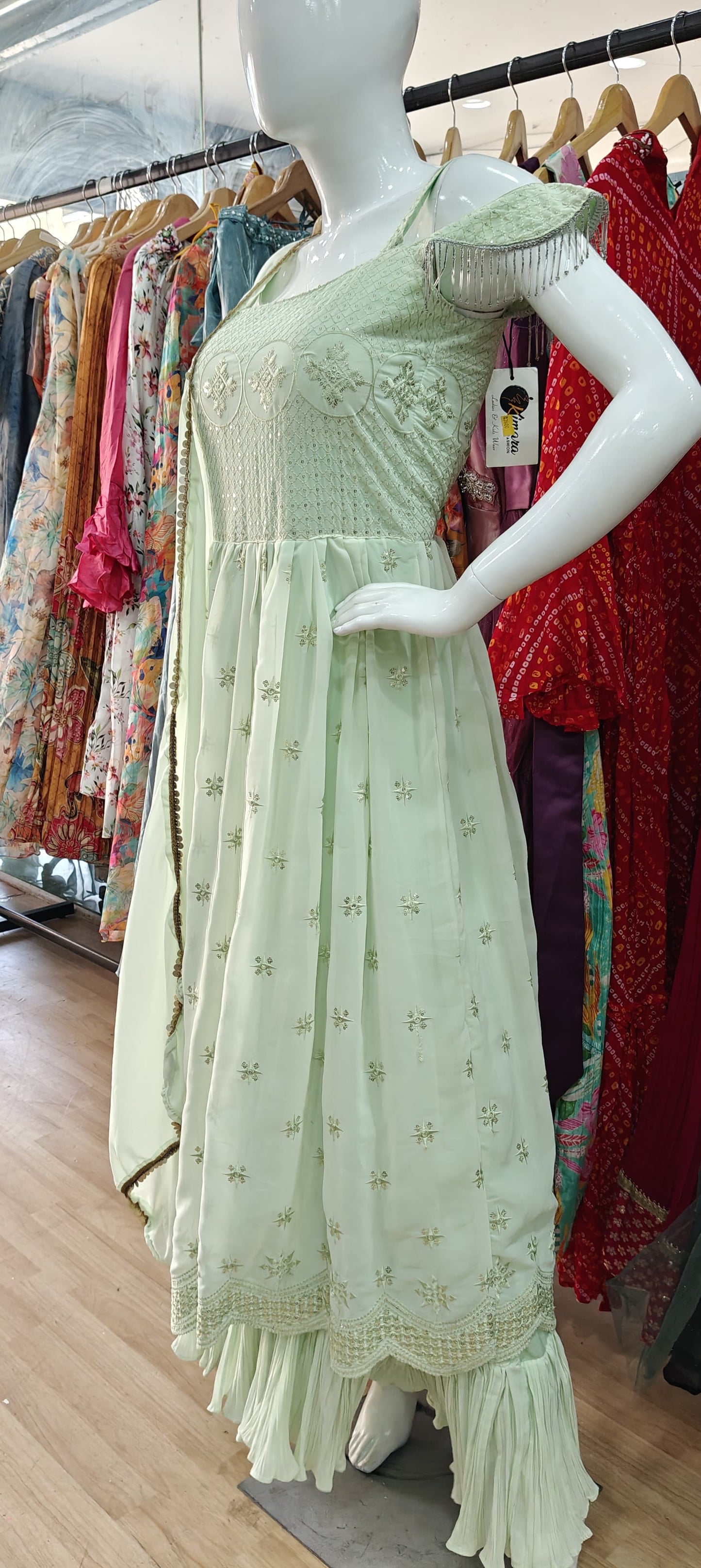 Pista Green georgette cold shoulder gown