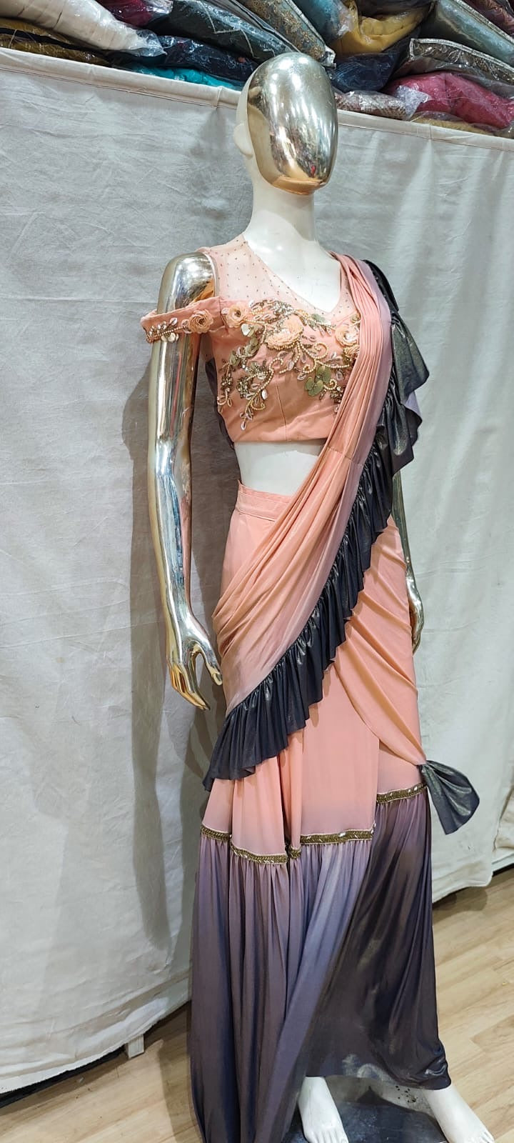 Peach and black designer cocktail one min saree