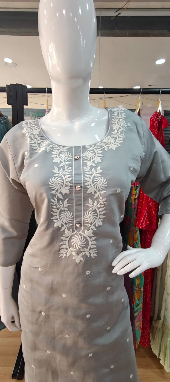 Grey suit with white thread embroidery