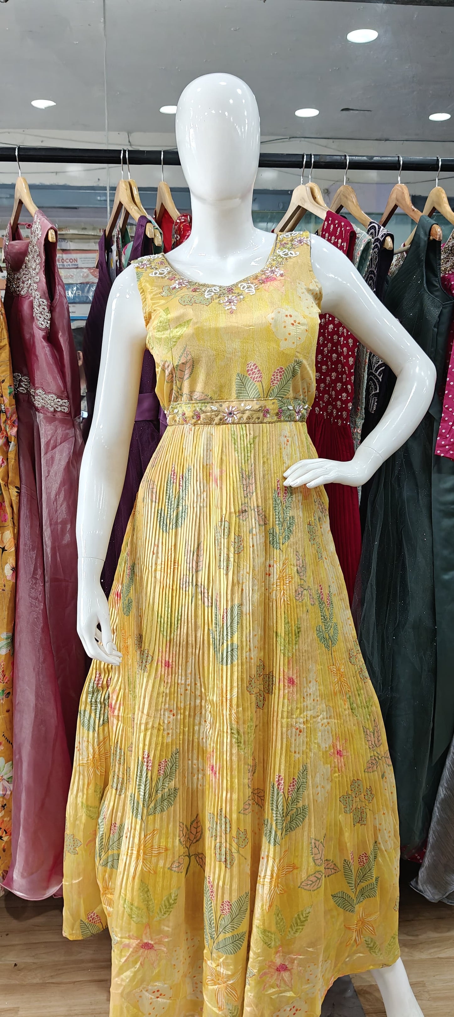 Yellow crush gown with embellished belt