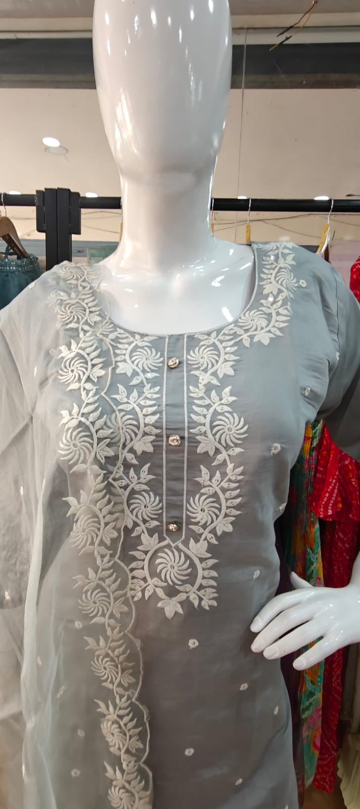 Grey suit with white thread embroidery