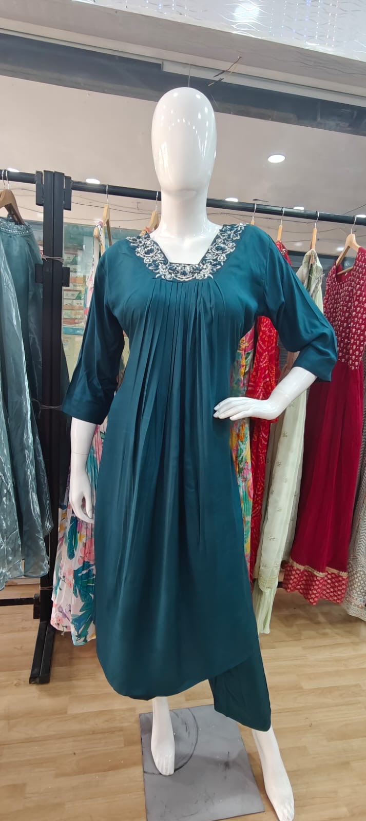 Teal blue mul cotton anarkali suit with satin dupatta