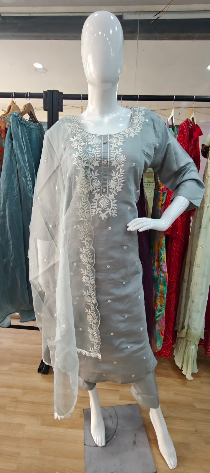 Grey suit with white thread embroidery