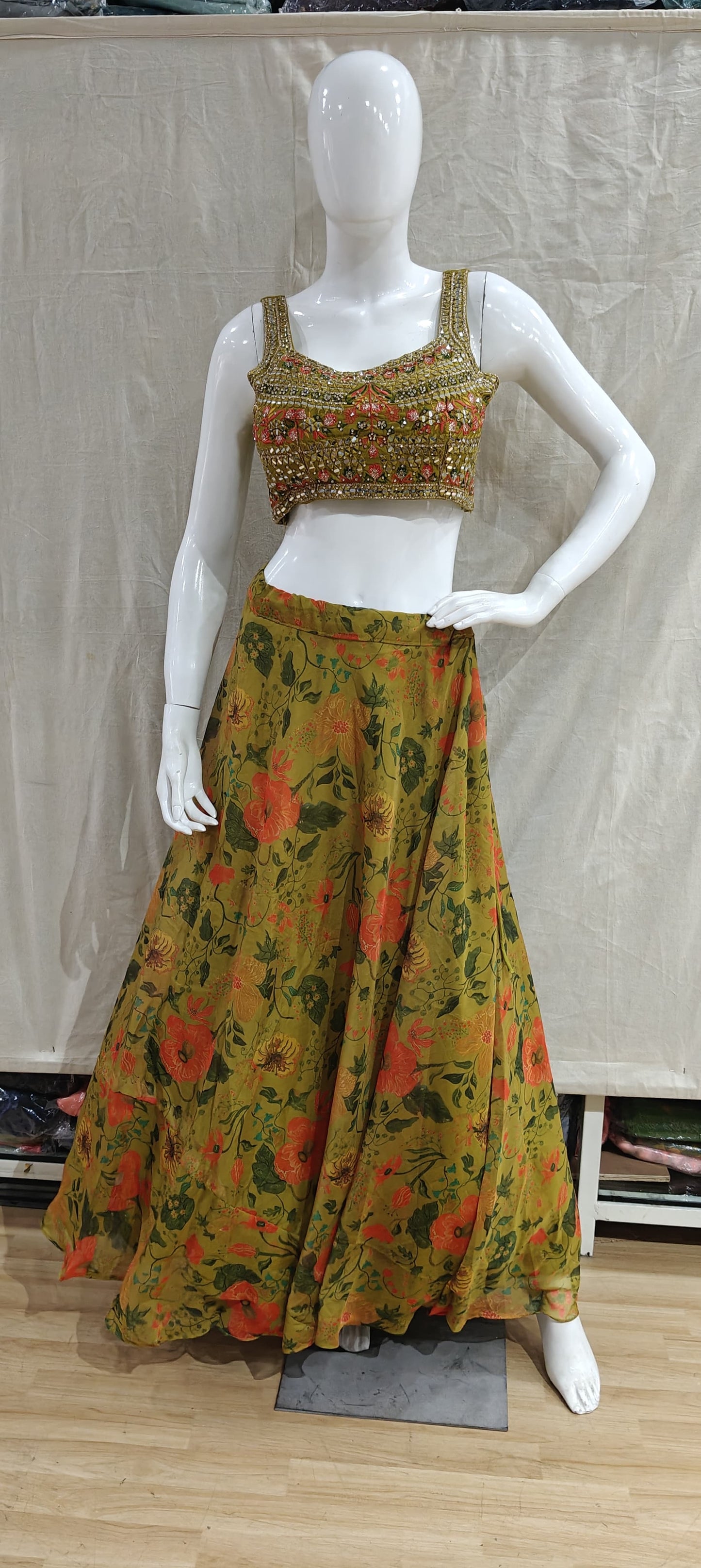 Mustard yellow floral lehenga set