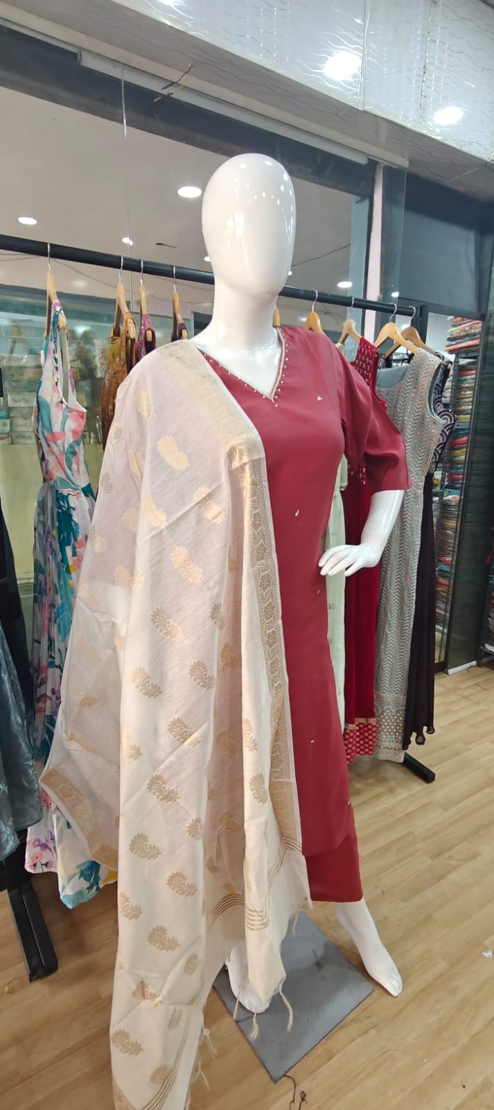 Royal Cotton mul red suit with banarasi dupatta