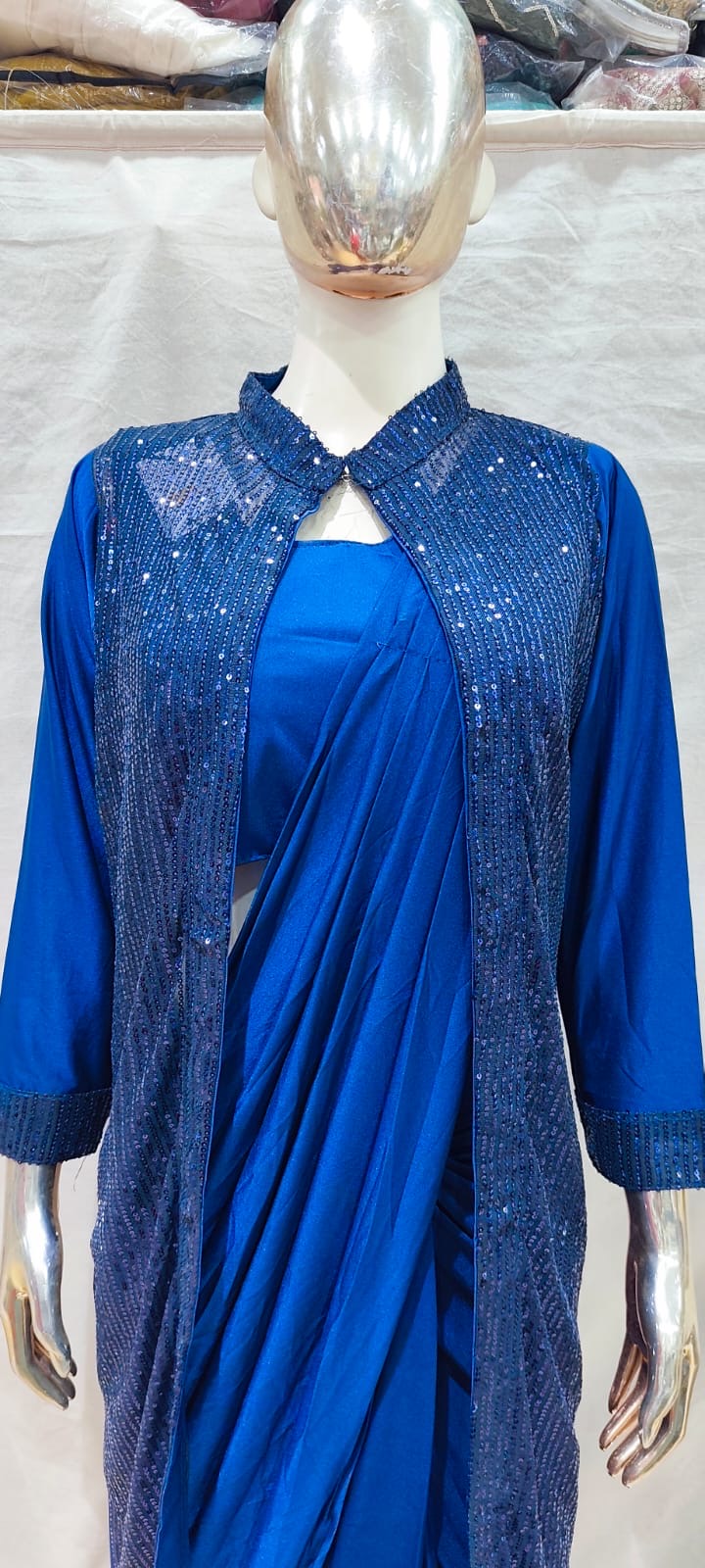 Blue sequins one min saree