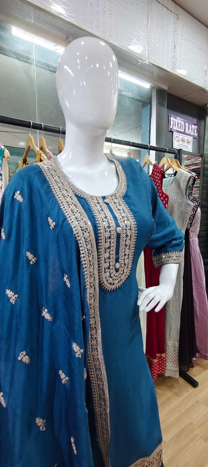 Peacock blue suit with embroidered dupatta