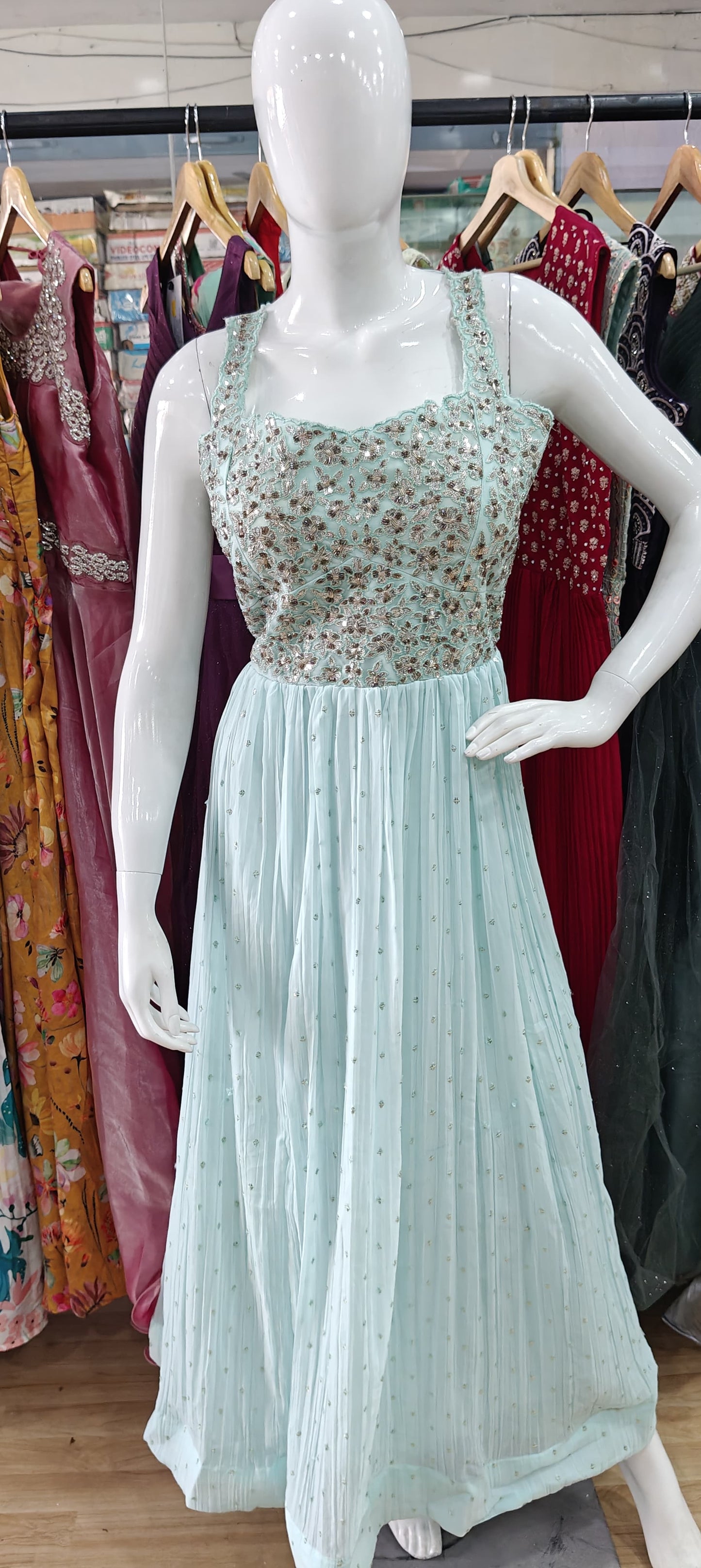 Blue georgette gown with embellished bodice