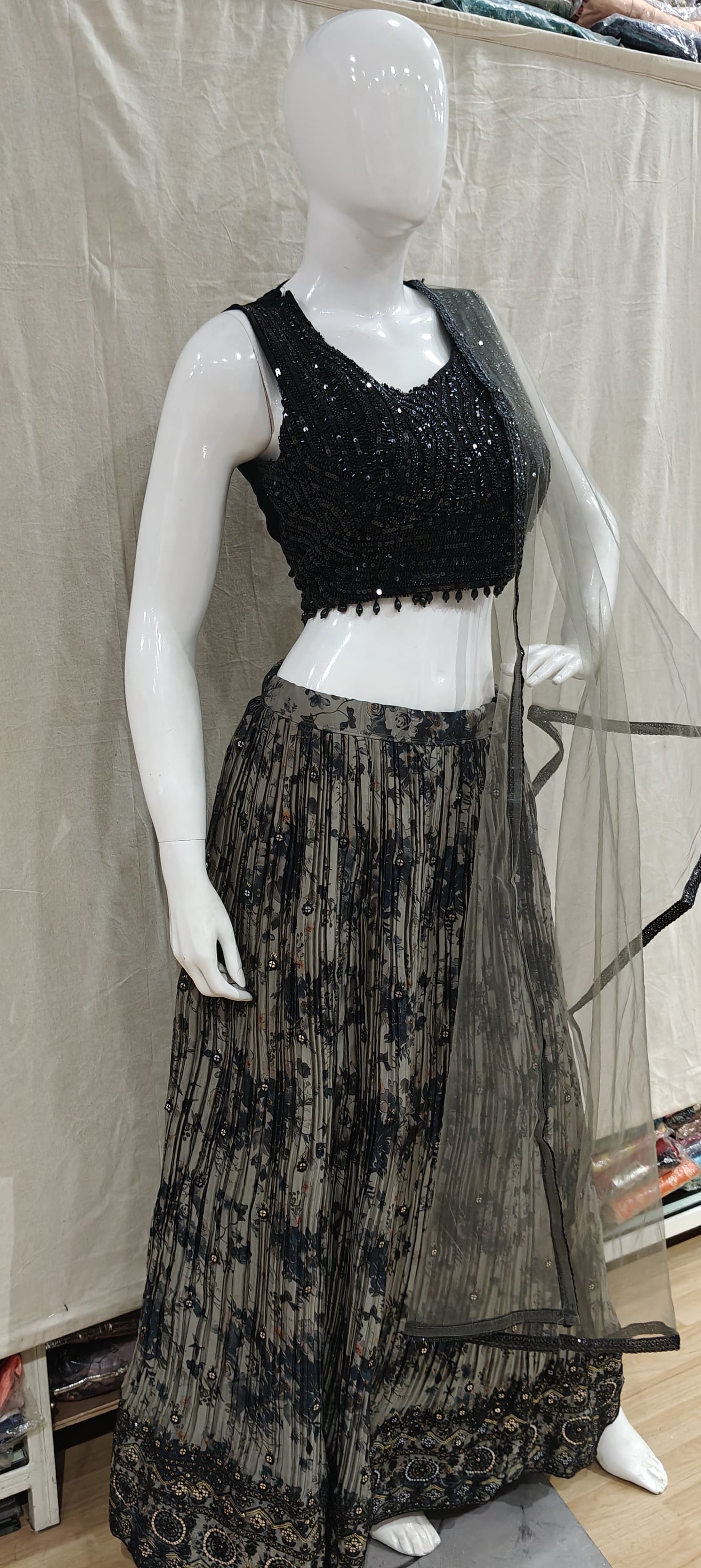 Black and grey lehenga with heavy beadwork blouse
