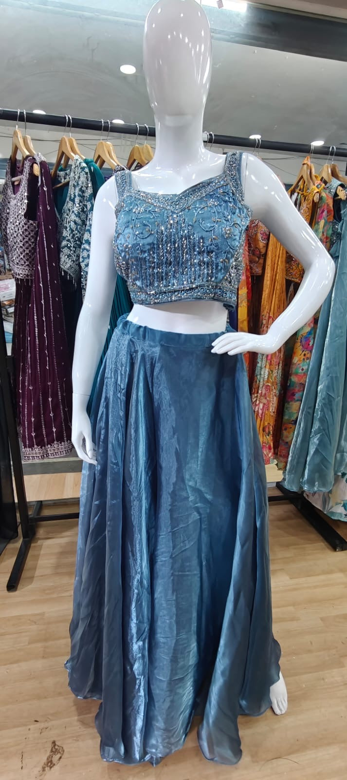 Glass organza blue lehenga