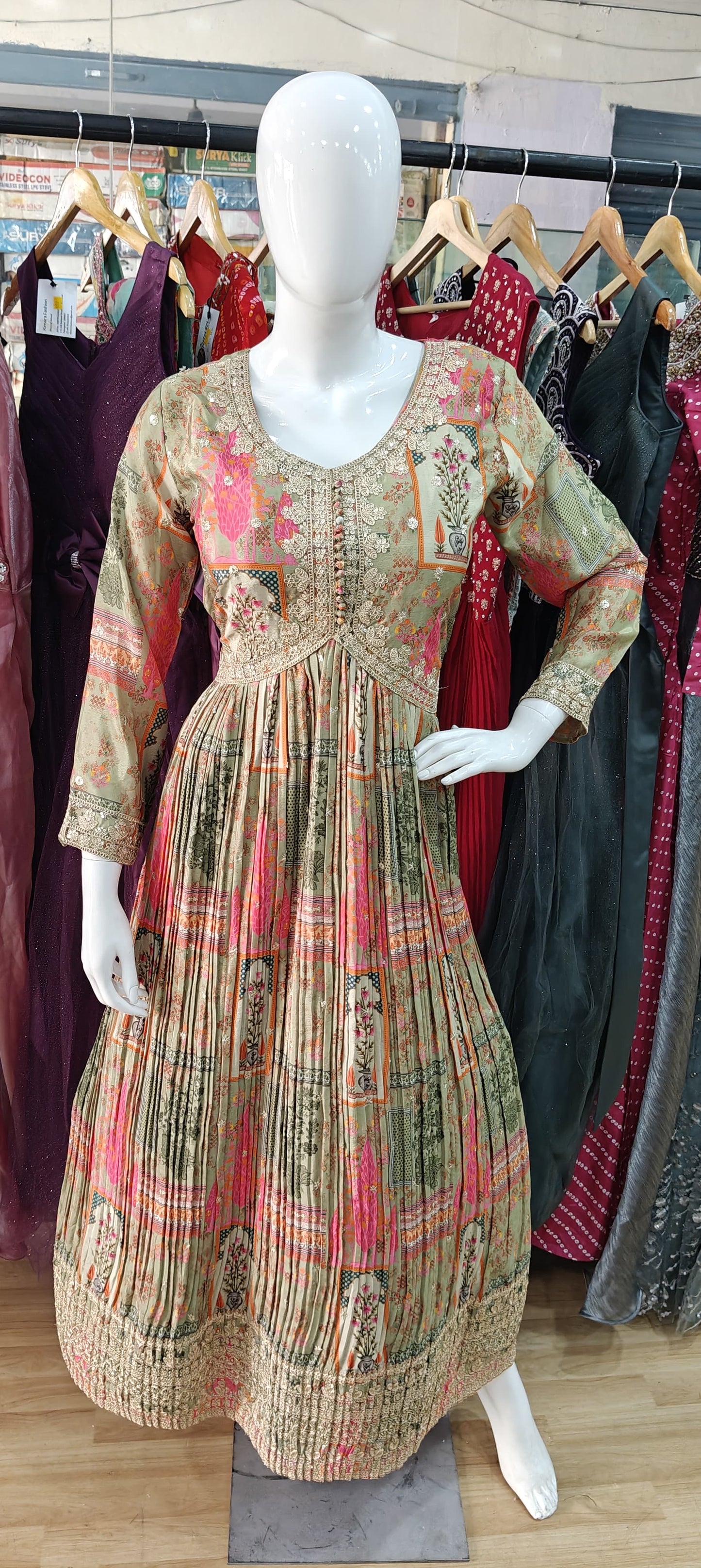 Printed alia cut long dress