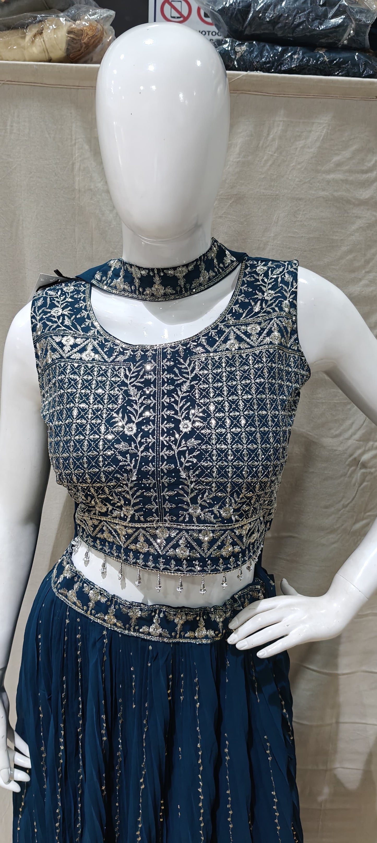 Silver zari work on Blue lehenga