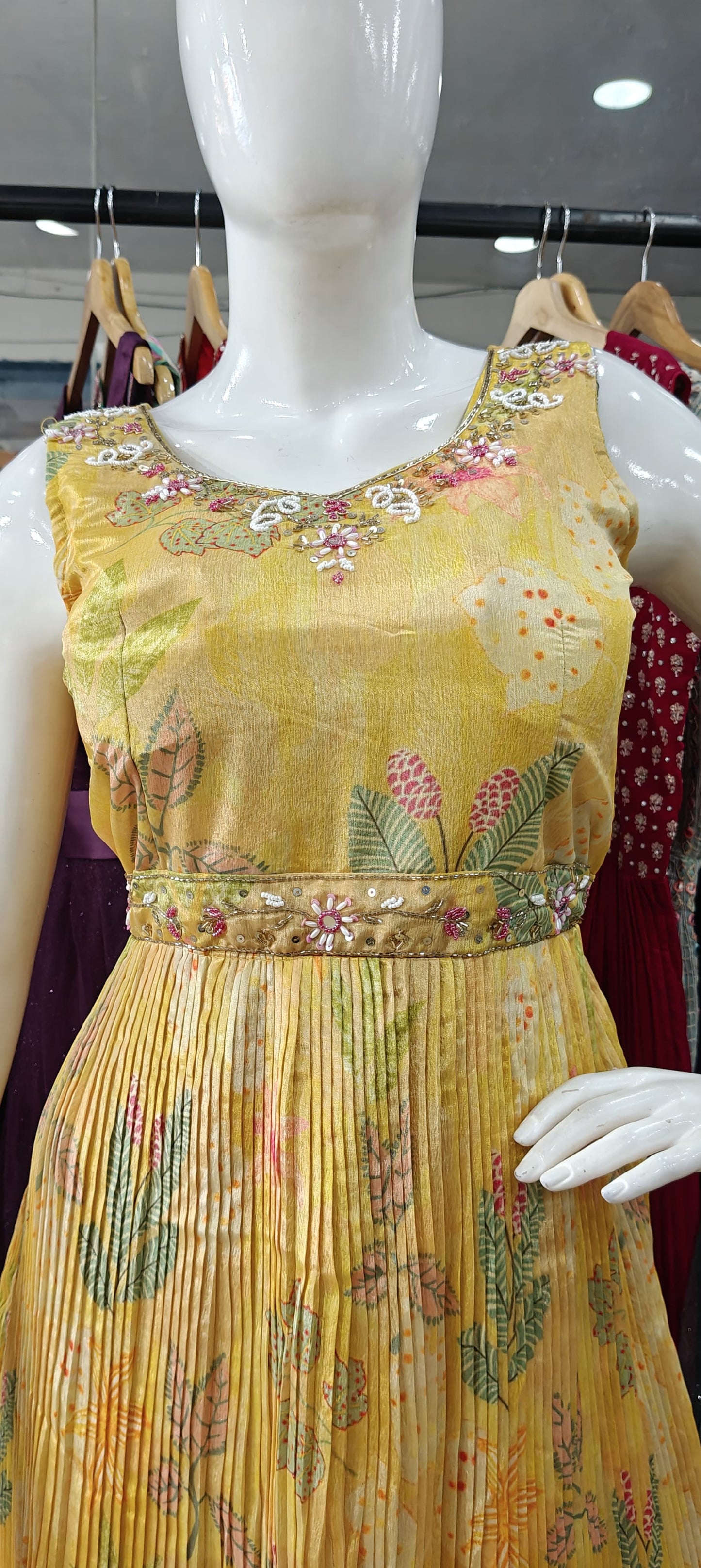 Yellow crush gown with embellished belt